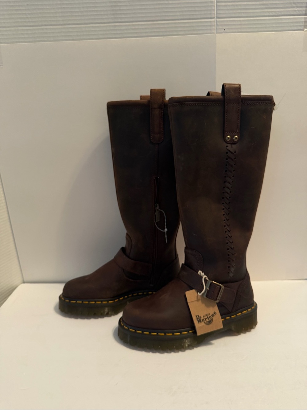 NWT Dr. Martens Anistone Brown Tall Harness Boots with Yellow Stitching - Picture 5 of 11